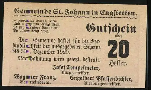 Notgeld St. Johann 1920, 20 Heller, Landschaftsansicht der Gemeinde mit Gebäuden