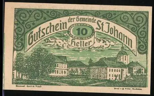 Notgeld St. Johann 1920, 10 Heller, Stadtansicht und Text mit Haftungserklärung