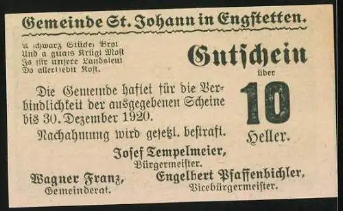 Notgeld St. Johann 1920, 10 Heller, Stadtansicht und Text mit Haftungserklärung