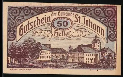 Notgeld St. Johann 1920, 50 Heller, Gebäudeansicht der Gemeinde mit dekorativem Schriftzug