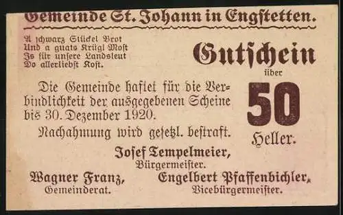 Notgeld St. Johann 1920, 50 Heller, Gebäudeansicht der Gemeinde mit dekorativem Schriftzug