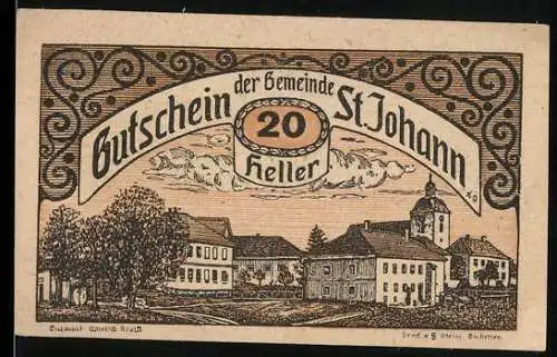 Notgeld St. Johann 1920, 20 Heller, Dorflandschaft und Textpassage, Seriennummer und Unterschriften