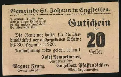 Notgeld St. Johann 1920, 20 Heller, Dorflandschaft und Textpassage, Seriennummer und Unterschriften