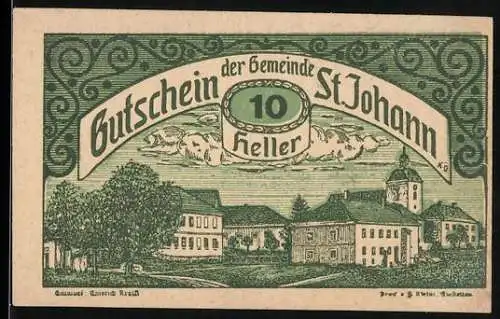 Notgeld St. Johann 1920, 10 Heller, Landschaft mit Gebäuden und Bäumen, Text und Unterschriften auf Rückseite