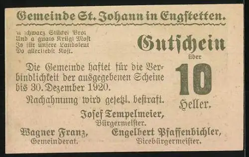 Notgeld St. Johann 1920, 10 Heller, Landschaft mit Gebäuden und Bäumen, Text und Unterschriften auf Rückseite