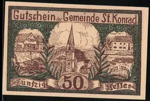 Notgeld St. Konrad 1920, 50 Heller, Kirche und Landschaftsansicht mit dekorativem Rahmen