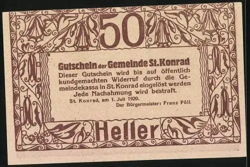 Notgeld St. Konrad 1920, 50 Heller, Kirche und Landschaftsansicht mit dekorativem Rahmen