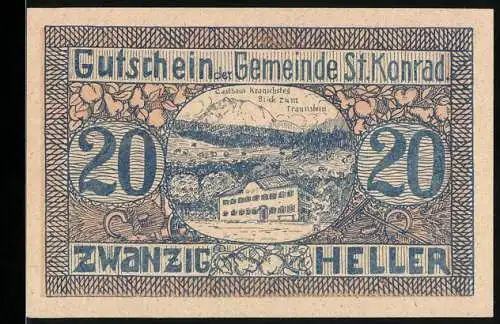 Notgeld St. Konrad 1920, 20 Heller, Gasthaus Kranichberg und Blick zum Traunstein