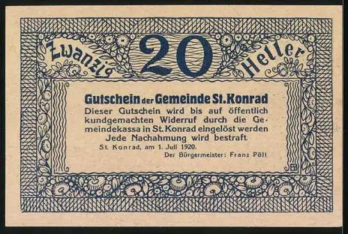 Notgeld St. Konrad 1920, 20 Heller, Gasthaus Kranichberg und Blick zum Traunstein