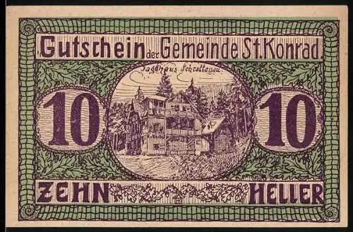 Notgeld St. Konrad 1920, 10 Heller, Jagdhaus Schrattenau und Jagdmotive, Gutschein der Gemeinde St. Konrad