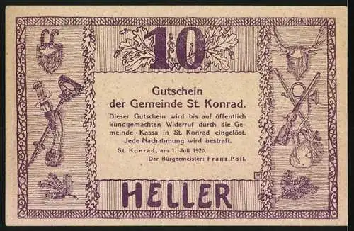 Notgeld St. Konrad 1920, 10 Heller, Jagdhaus Schrattenau und Jagdmotive, Gutschein der Gemeinde St. Konrad