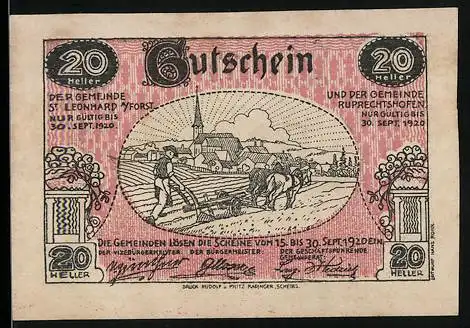 Notgeld St. Leonhard und Ruprechtshofen 1920, 20 Heller, ländliche Arbeitsszenen