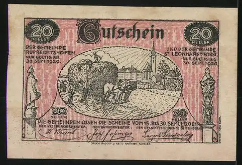 Notgeld St. Leonhard und Ruprechtshofen 1920, 20 Heller, ländliche Arbeitsszenen