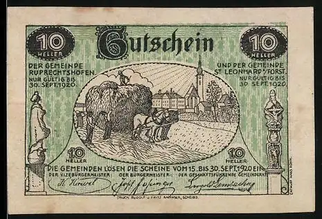 Notgeld Ruprechtshofen und St. Leonhard 1920, 10 Heller, landwirtschaftliches Motiv mit Pferden und Kirche