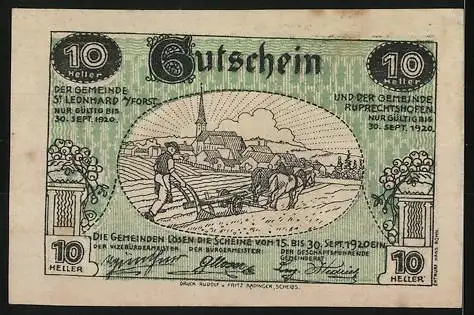 Notgeld Ruprechtshofen und St. Leonhard 1920, 10 Heller, landwirtschaftliches Motiv mit Pferden und Kirche