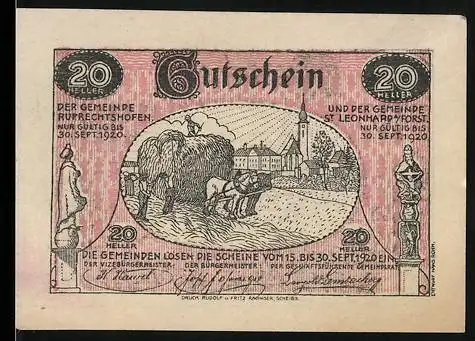 Notgeld Ruprechtshofen und St. Leonhard 1920, 20 Heller, bäuerliche Arbeit und Dorfansicht