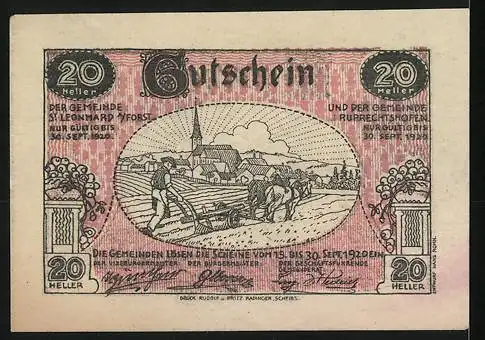 Notgeld Ruprechtshofen und St. Leonhard 1920, 20 Heller, bäuerliche Arbeit und Dorfansicht