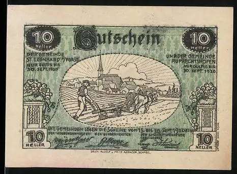 Notgeld St. Leonhard am Forst und Ruprechtshofen 1920, 10 Heller, landwirtschaftliche Szenen mit Pflug und Kirche