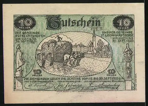 Notgeld St. Leonhard am Forst und Ruprechtshofen 1920, 10 Heller, landwirtschaftliche Szenen mit Pflug und Kirche