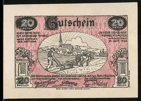 Notgeld St. Leonhard und Ruprechtshofen 1920, 20 Heller, ländliche Szenen mit Bauern und Dorfansicht