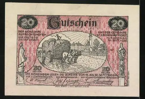 Notgeld St. Leonhard und Ruprechtshofen 1920, 20 Heller, ländliche Szenen mit Bauern und Dorfansicht