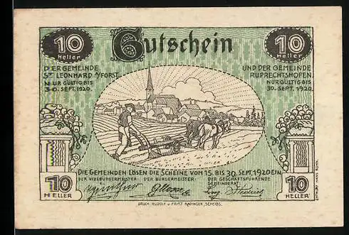 Notgeld St. Leonhard am Forst und Ruprechtshofen 1920, 10 Heller, ländliche Szene mit Pferdewagen und Dorfkirche