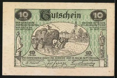 Notgeld St. Leonhard am Forst und Ruprechtshofen 1920, 10 Heller, ländliche Szene mit Pferdewagen und Dorfkirche