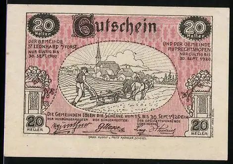 Notgeld St. Leonhard am Forst und Ruprechtshofen 1920, 20 Heller, Pflügende Bauern und Pferdewagen vor Dorfkulisse