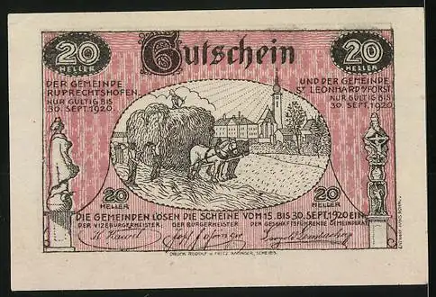 Notgeld St. Leonhard am Forst und Ruprechtshofen 1920, 20 Heller, Pflügende Bauern und Pferdewagen vor Dorfkulisse