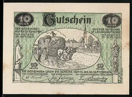 Notgeld St. Leonhard am Forst und Ruprechtshofen 1920, 10 Heller, Bauern bei der Ernte vor Dorfkulisse, grün-schwarz