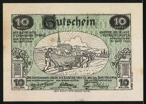 Notgeld St. Leonhard am Forst und Ruprechtshofen 1920, 10 Heller, Bauern bei der Ernte vor Dorfkulisse, grün-schwarz