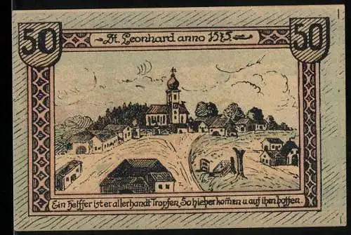 Notgeld St. Leonhard bei Freistadt 1920, 50 Heller, Dorflandschaft mit Kirche und Spruchband, Unterschriften