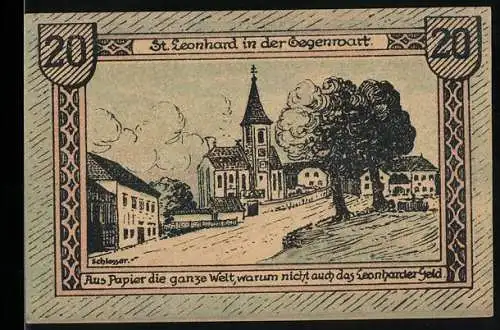 Notgeld St. Leonhard bei Freistadt 1920, 20 Heller, Stadtansicht mit Kirche und Bäumen, Text und Signaturen Rückseitig