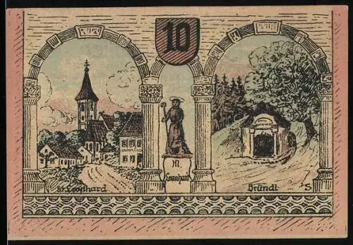 Notgeld St. Leonhard bei Freistadt 1920, 10 Heller, Kirche, Statue des Hl. Leonhard, Bründl und Wappen