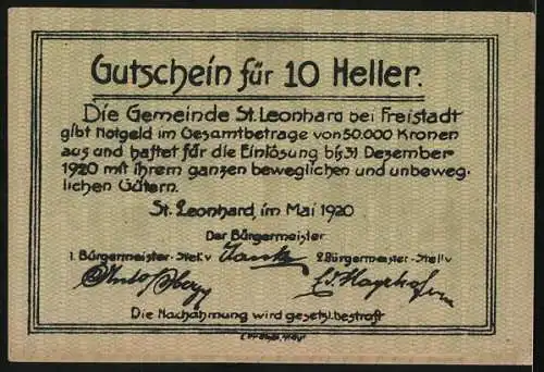 Notgeld St. Leonhard bei Freistadt 1920, 10 Heller, Kirche, Statue des Hl. Leonhard, Bründl und Wappen