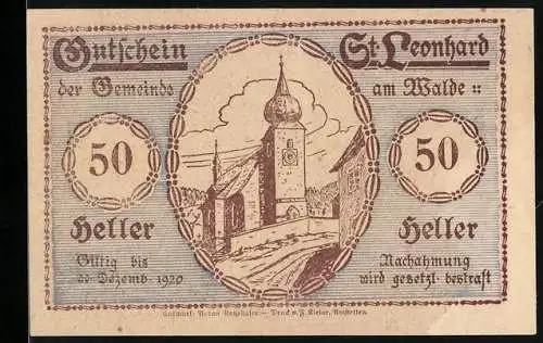 Notgeld St. Leonhard am Walde 1920, 50 Heller, Kirche und Frau mit Tieren auf Hof