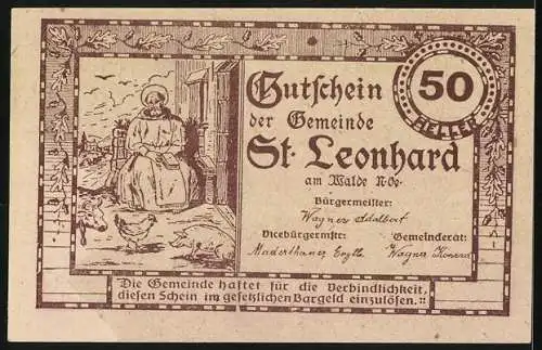 Notgeld St. Leonhard am Walde 1920, 50 Heller, Kirche und Frau mit Tieren auf Hof