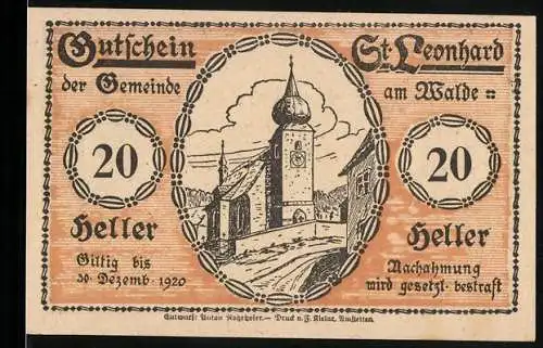 Notgeld St. Leonhard am Walde 1920, 20 Heller, Kirchturmmotiv und sitzende Frau mit Hühnern