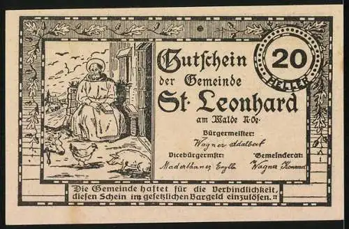 Notgeld St. Leonhard am Walde 1920, 20 Heller, Kirchturmmotiv und sitzende Frau mit Hühnern