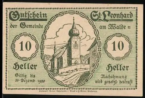 Notgeld St. Leonhard am Walde 1920, 10 Heller, Kirche und Frau mit Tieren vor Haus