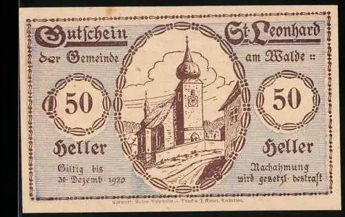 Notgeld St. Leonhard am Walde 1920, 50 Heller, Kirche und Frau mit Tieren