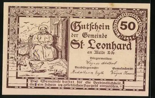 Notgeld St. Leonhard am Walde 1920, 50 Heller, Kirche und Frau mit Tieren