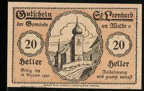 Notgeld St. Leonhard am Walde 1920, 20 Heller, Kirche und Frau mit Hühnern im Hof