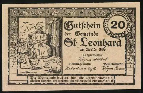 Notgeld St. Leonhard am Walde 1920, 20 Heller, Kirche und Frau mit Hühnern im Hof