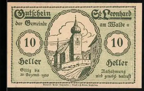 Notgeld St. Leonhard am Walde 1920, 10 Heller, Kirche und Heilige mit Tieren im Freien