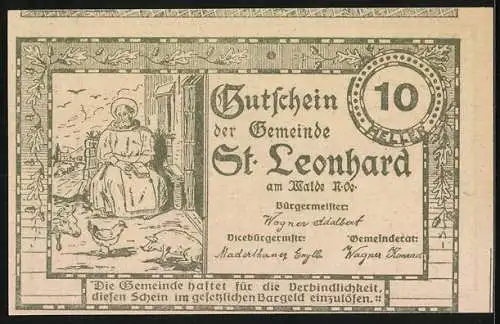 Notgeld St. Leonhard am Walde 1920, 10 Heller, Kirche und Heilige mit Tieren im Freien