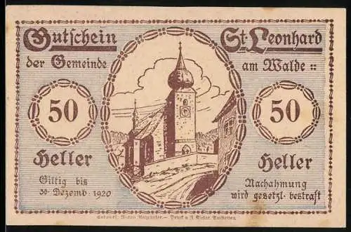 Notgeld St. Leonhard am Walde 1920, 50 Heller, Kirche und sitzende Frau mit Tieren