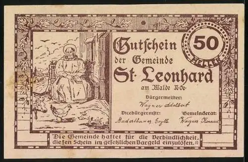 Notgeld St. Leonhard am Walde 1920, 50 Heller, Kirche und sitzende Frau mit Tieren