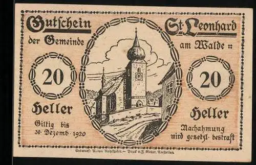 Notgeld St. Leonhard am Walde 1920, 20 Heller, Kirche und Heiliger mit Tieren