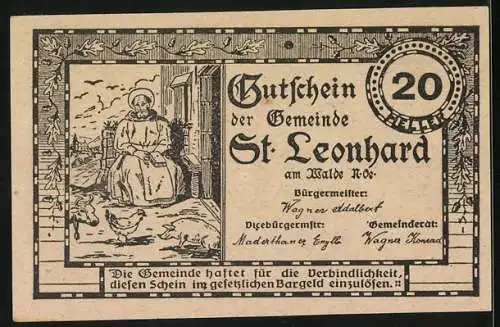 Notgeld St. Leonhard am Walde 1920, 20 Heller, Kirche und Heiliger mit Tieren
